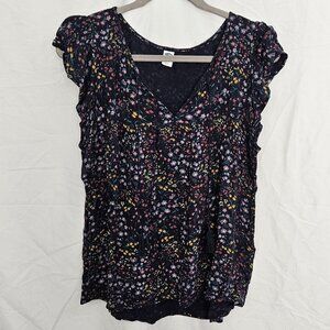 Flutter-sleeve, Split-neck, Navy Blue Floral Blouse